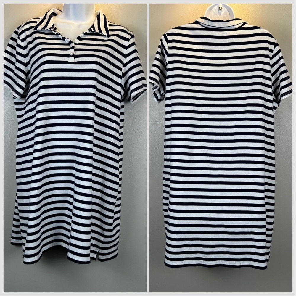 Kim Rogers Polo Dress Womens Large Navy Striped Short Sleeve Preppy Nautical